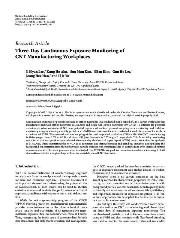 (PDF) Three-Day Continuous Exposure Monitoring of CNT Manufacturing ...