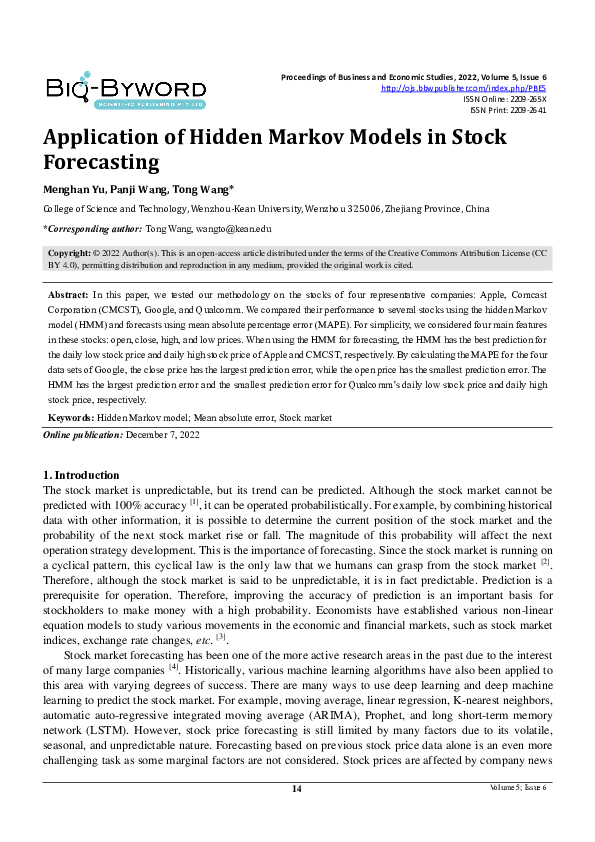 (PDF) Application of Hidden Markov Models in Stock Forecasting