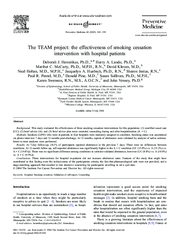 (PDF) The TEAM project the effectiveness of smoking cessation