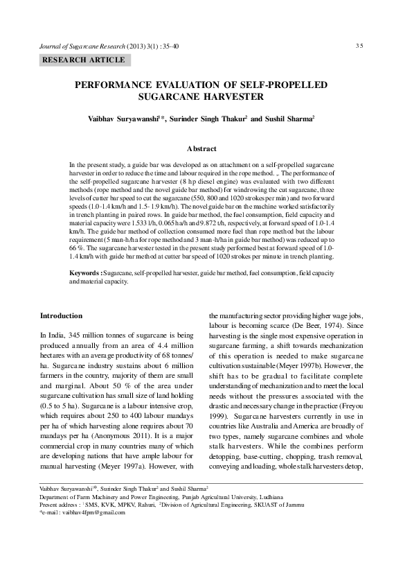(PDF) Performance Evaluation of SelfPropelled Sugarcane Harvester