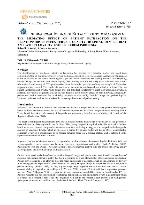 (PDF) The Mediating Effect of Patient Satisfaction on the Relationship ...