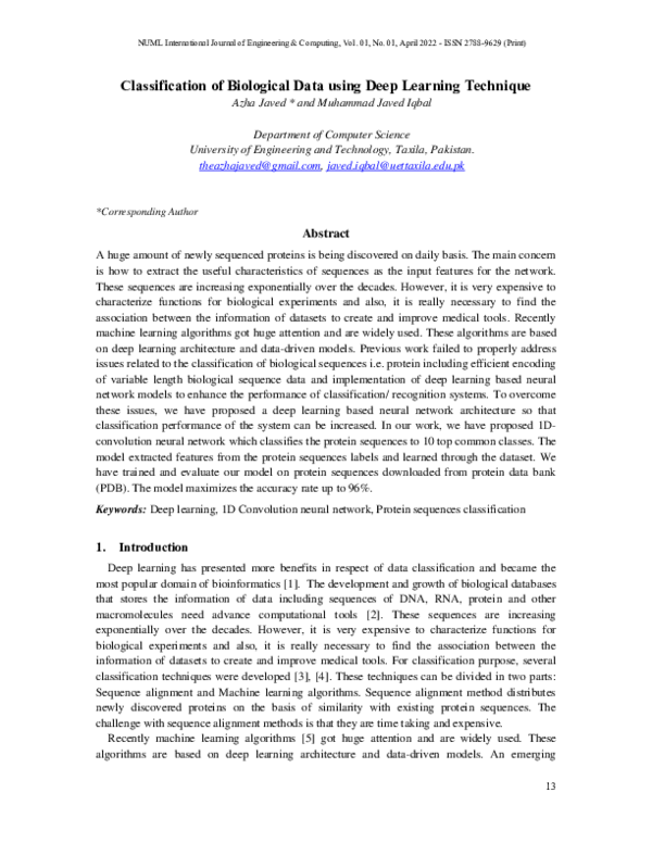(PDF) Classification of Biological Data using Deep Learning Technique