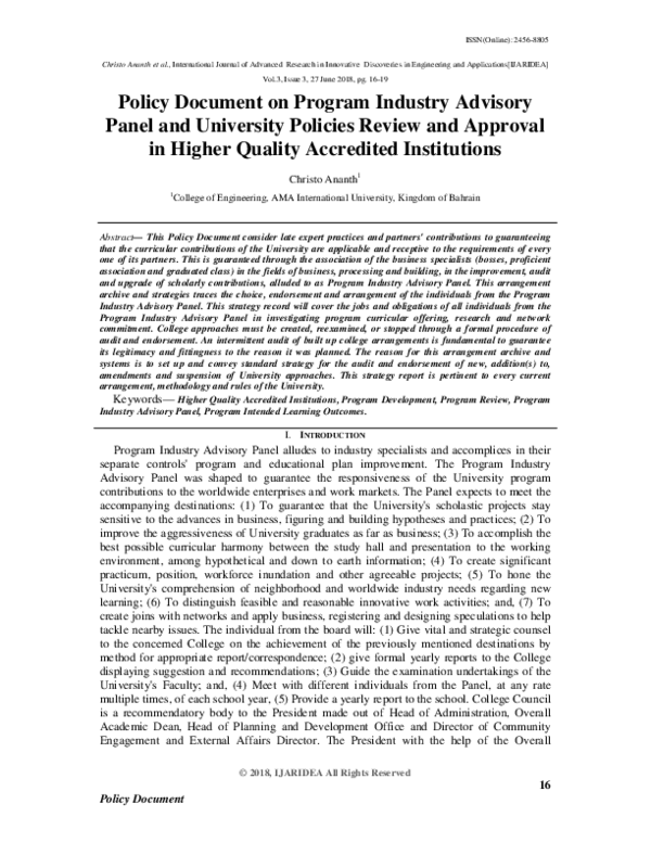 (PDF) Policy Document on Program Industry Advisory Panel and University ...