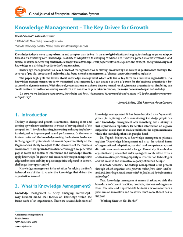 (PDF) Knowledge Management – The Key Driver for Growth