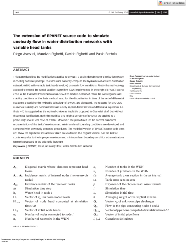 (PDF) The extension of EPANET source code to simulate unsteady flow in ...