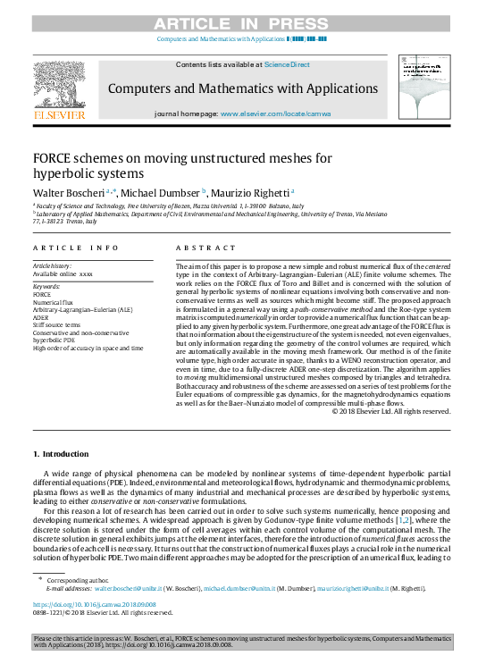 (PDF) FORCE schemes on moving unstructured meshes for hyperbolic systems