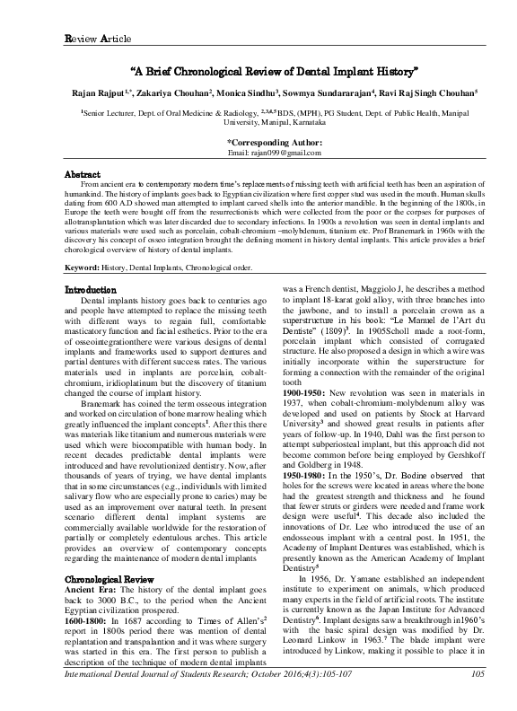 (PDF) A Brief Chronological Review of Dental Implant History