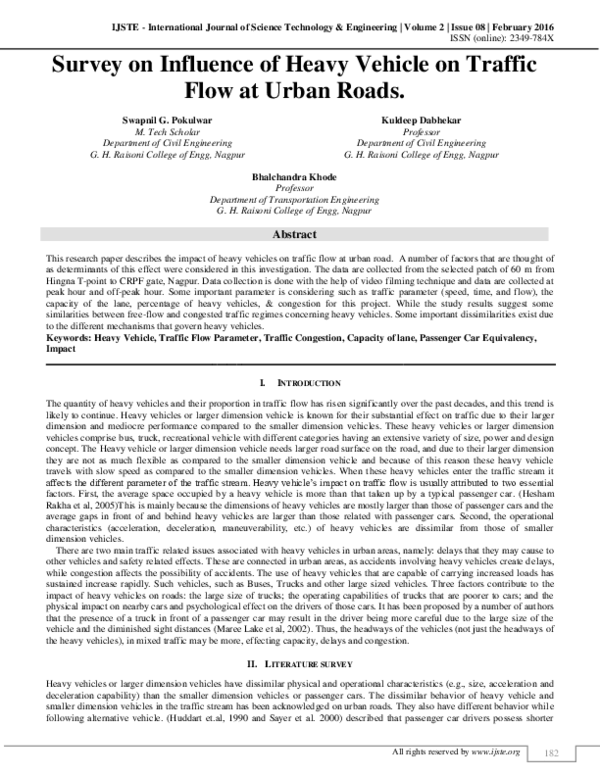 (PDF) Survey on Influence of Heavy Vehicle on Traffic Flow at Urban Roads