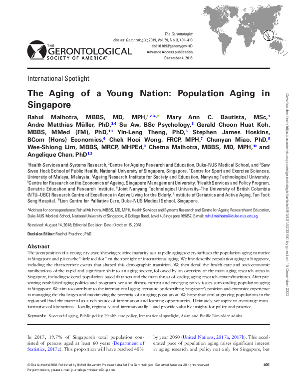 (PDF) The Aging of a Young Nation: Population Aging in Singapore