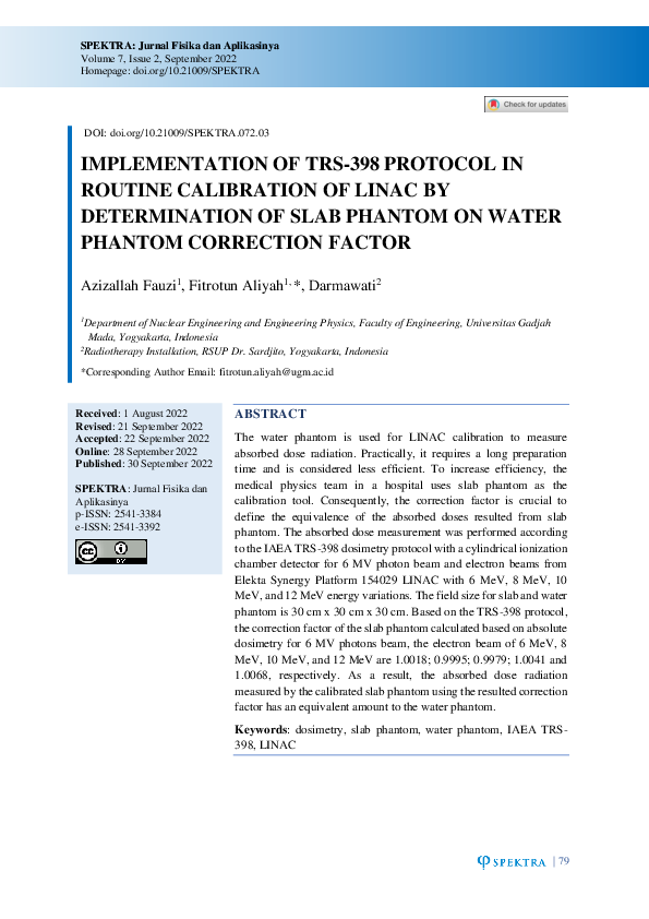(PDF) IMPLEMENTATION OF TRS-398 PROTOCOL IN ROUTINE CALIBRATION OF ...