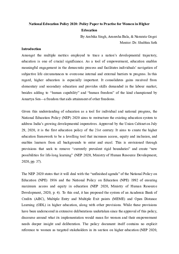 (PDF) National Education Policy 2020: Policy Paper to Practise for ...