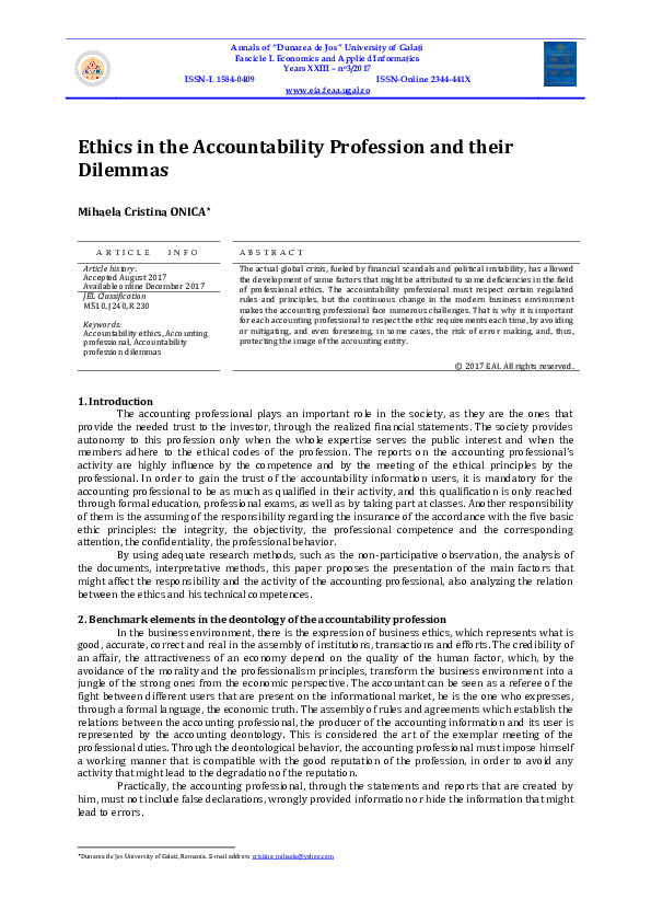 (PDF) Ethics in the Accountability Profession and their Dilemmas