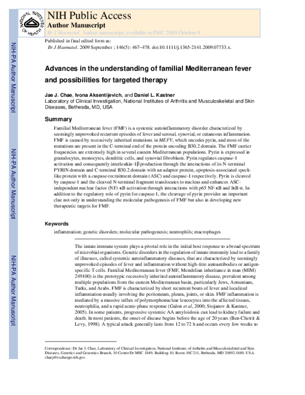 (PDF) Advances in the understanding of familial Mediterranean fever and ...