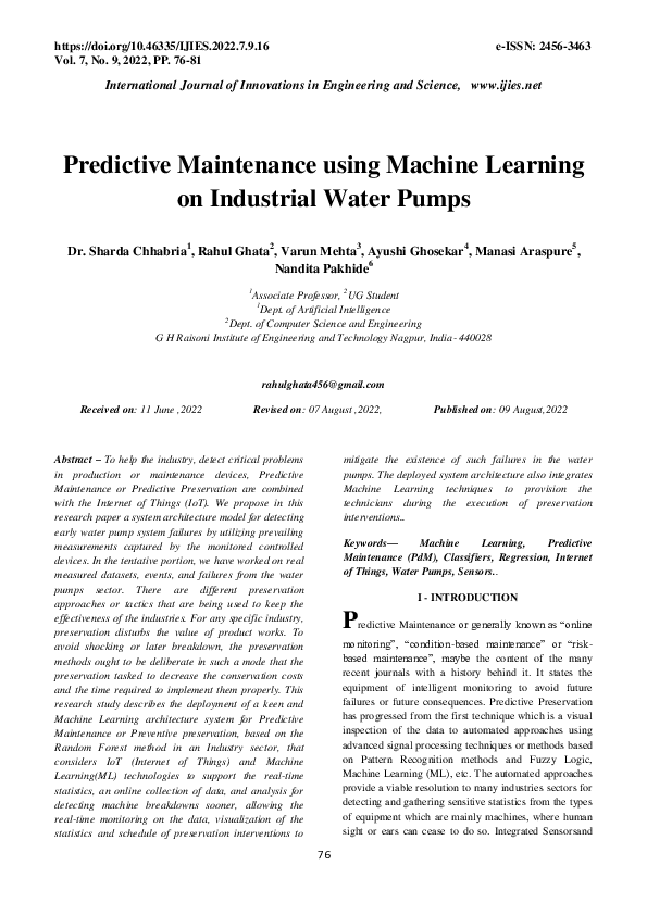 (PDF) Predictive Maintenance using Machine Learning on Industrial Water ...