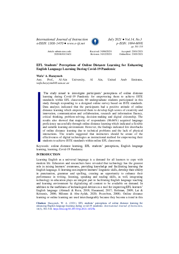 (PDF) EFL Students’ Perceptions of Online Distance Learning for ...