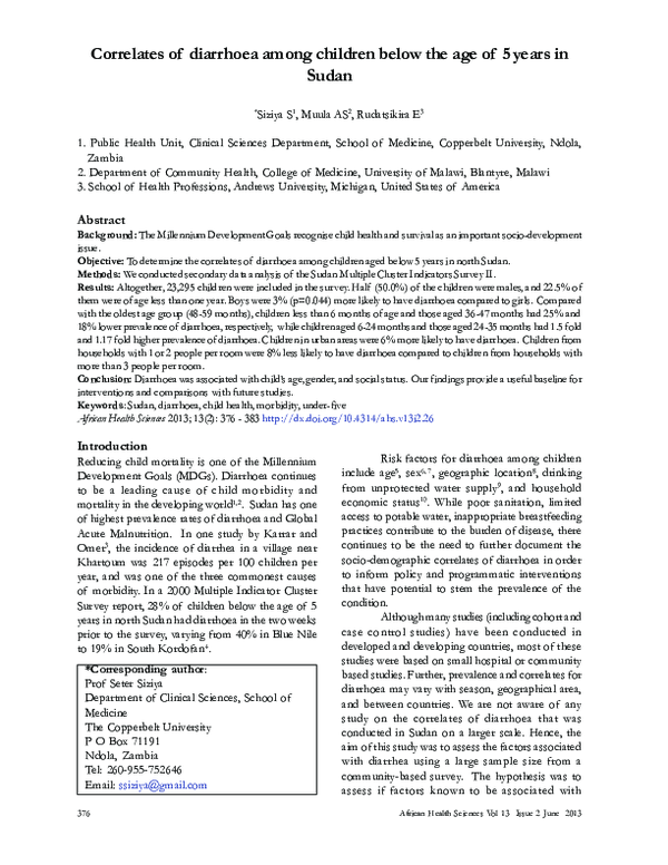 (PDF) Correlates of diarrhoea among children below the age of 5 years ...