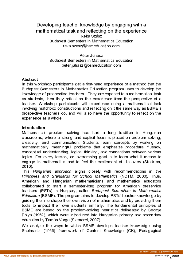 (PDF) Developing Teacher Knowledge by Engaging with a Mathematical Task ...