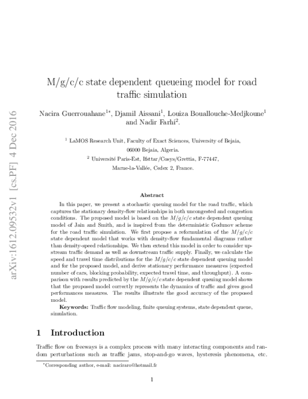(PDF) M/g/c/c State Dependent Queueing Model for Road Traffic Simulation