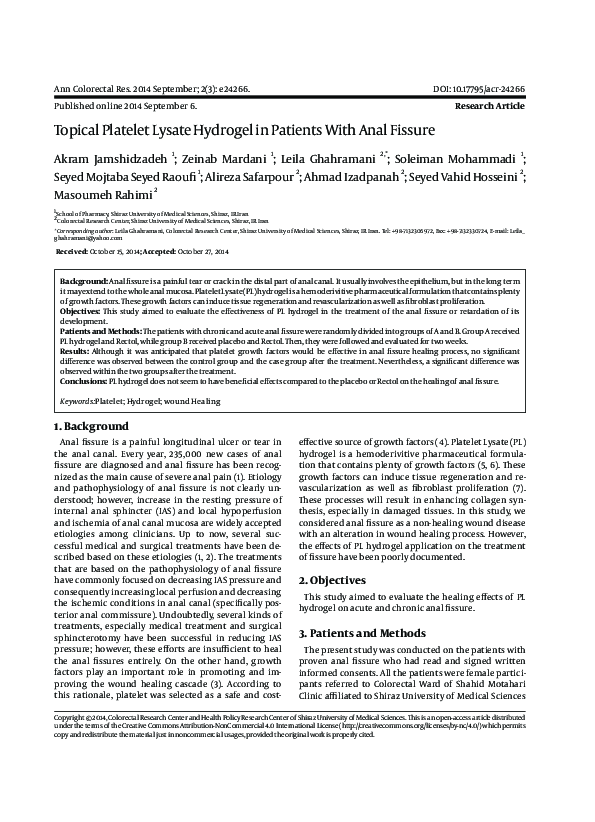 Topical Platelet Lysate Hydrogel in Patients With Anal Fissure
