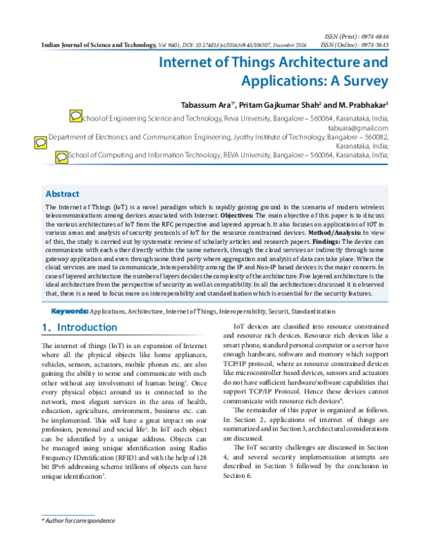 (PDF) Internet of Things Architecture and Applications: A Survey