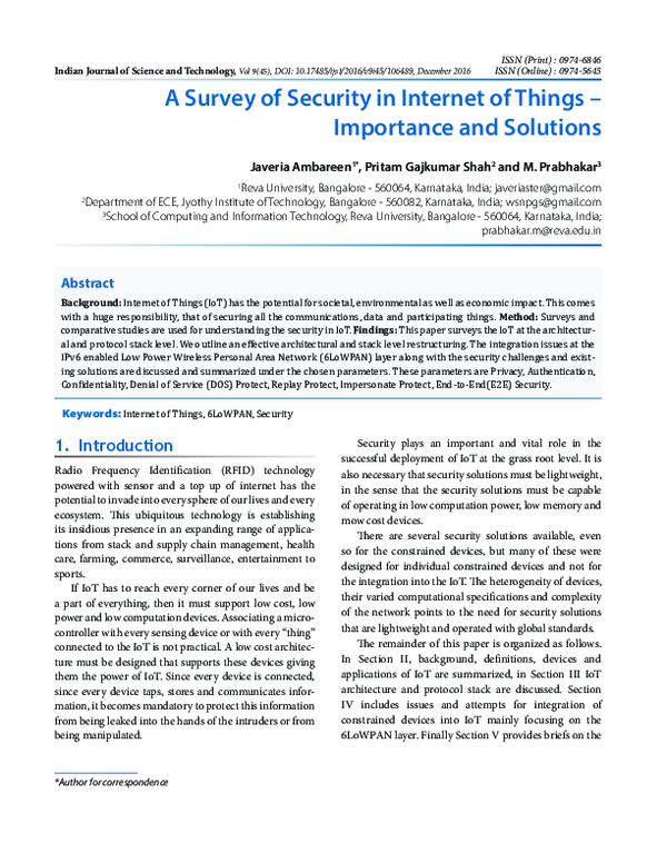 (PDF) A Survey of Security in Internet of Things – Importance and Solutions