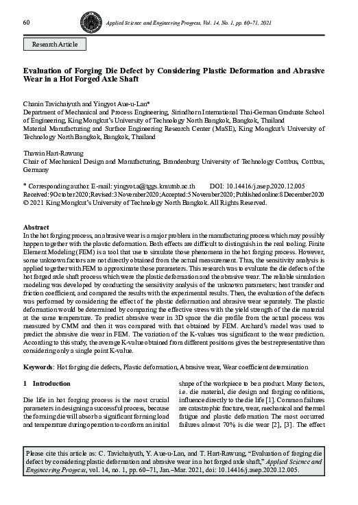(PDF) Evaluation of Forging Die Defect by Considering Plastic ...