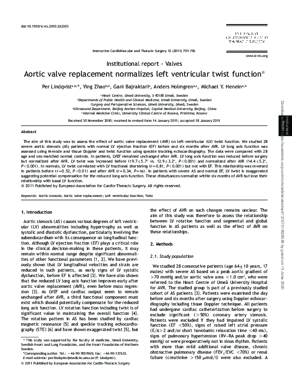 (PDF) Aortic valve replacement normalizes left ventricular twist function