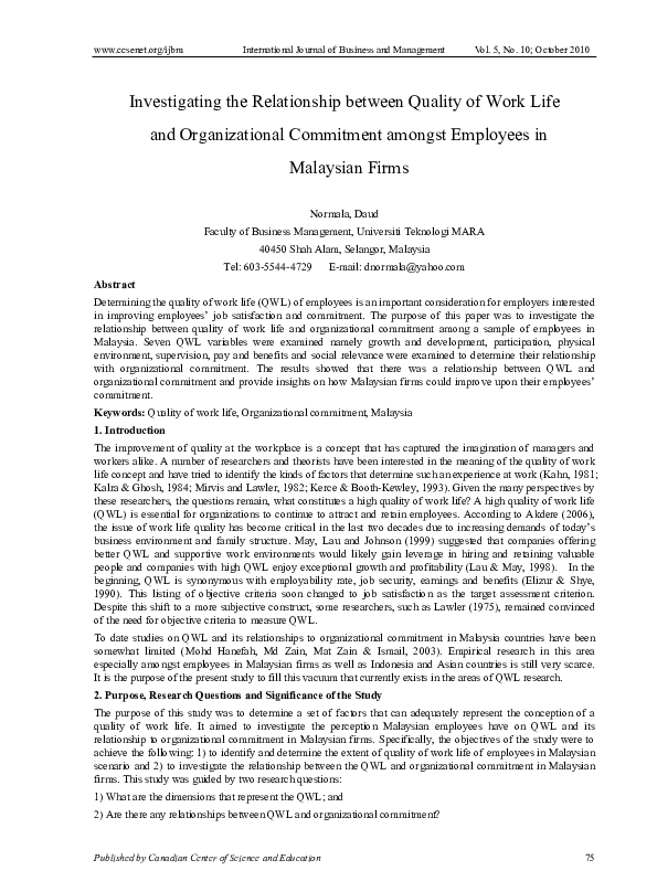 (PDF) Investigating the Relationship between Quality of Work Life and ...