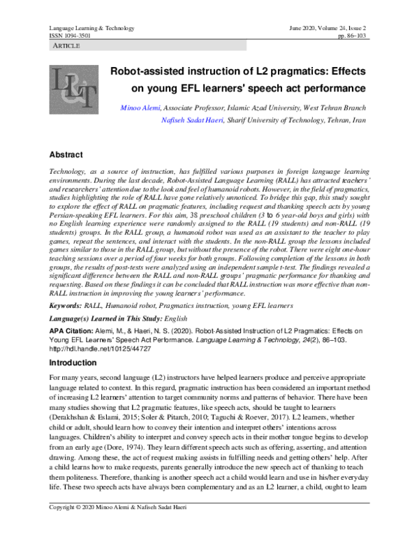 (PDF) Robot-Assisted Instruction of L2 Pragmatics: Effects on Young EFL ...