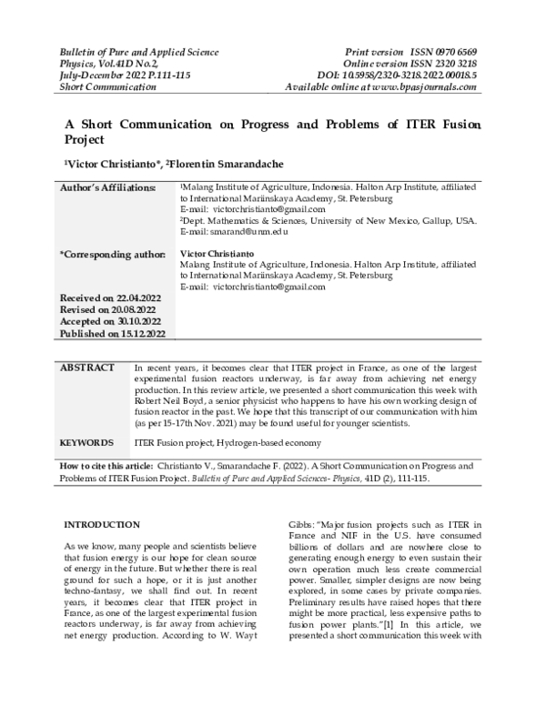 (PDF) A Short Communication on Progress and Problems of ITER Fusion Project