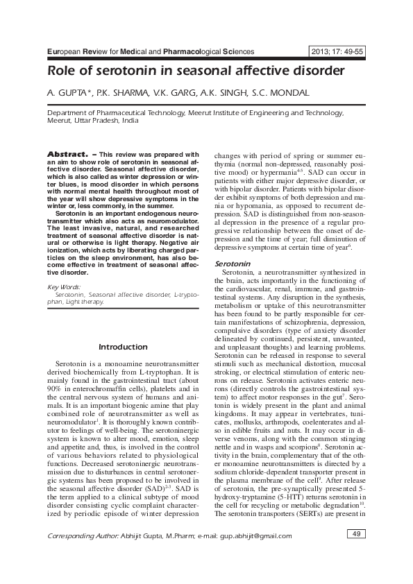 (PDF) Role of serotonin in seasonal affective disorder Akash SIngh