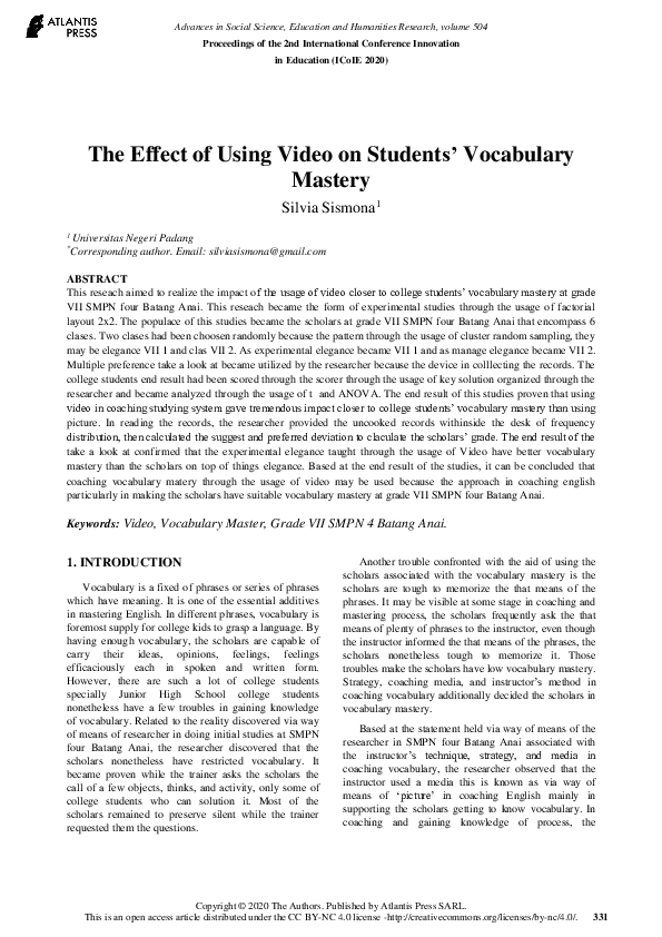(PDF) The Effect of Using Video on Students’ Vocabulary Mastery