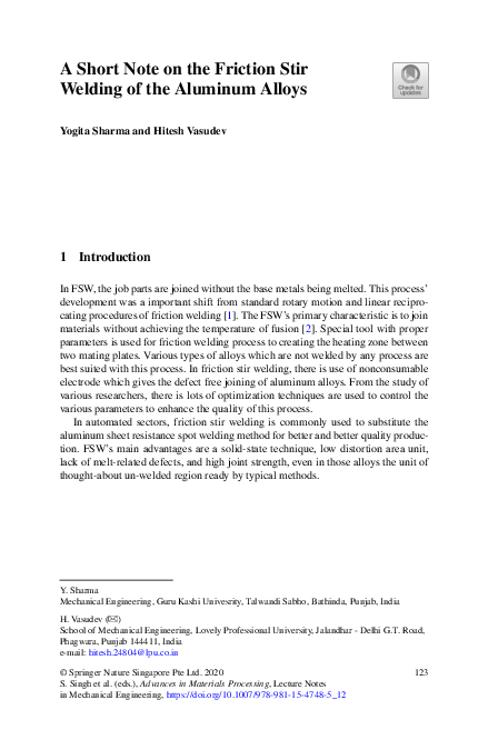 (PDF) A Short Note on the Friction Stir Welding of the Aluminum Alloys