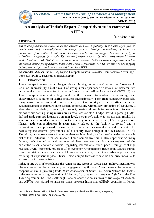 (PDF) An analysis of India’s Export Competitiveness in context of AIFTA