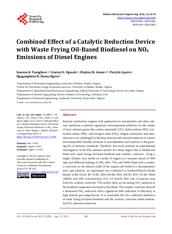 (PDF) Combined Effect of a Catalytic Reduction Device with Waste Frying ...