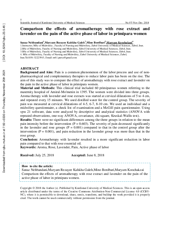 (PDF) Comparison the effects of aromatherapy with rose extract ...