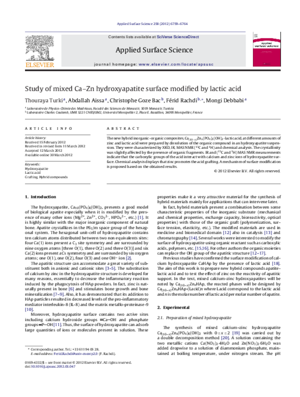 (PDF) Study of mixed Ca–Zn hydroxyapatite surface modified by lactic acid
