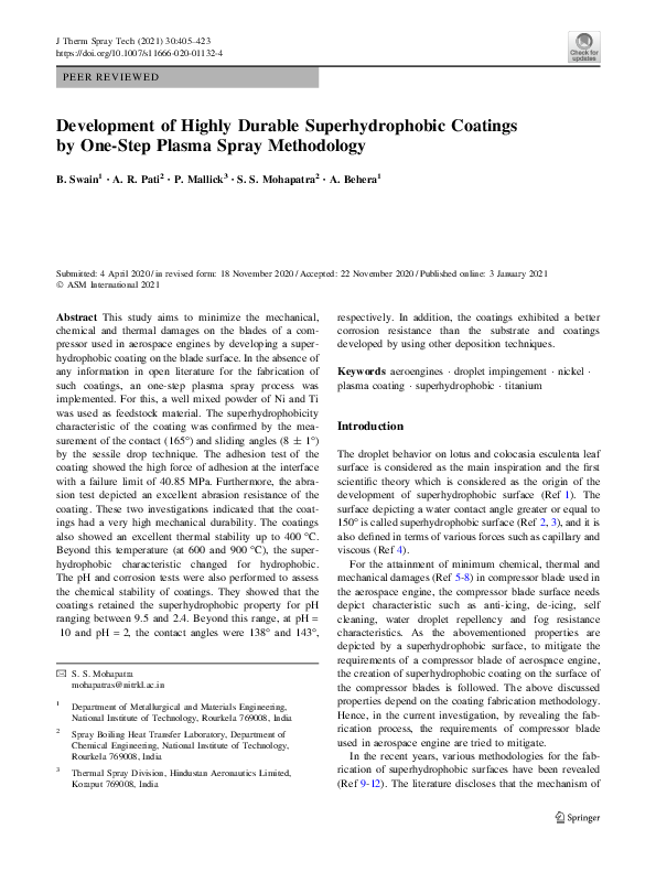 (PDF) Development of Highly Durable Superhydrophobic Coatings by One ...