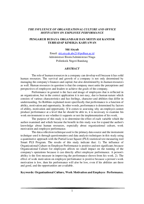 (PDF) THE INFLUENCE OF ORGANIZATIONAL CULTURE AND OFFICE MOTIVATION ON ...
