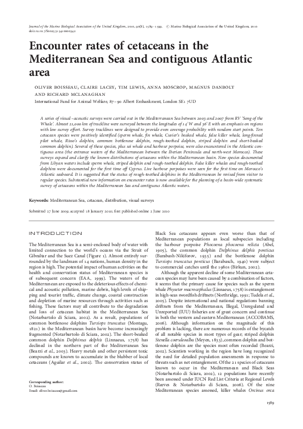 (PDF) Encounter rates of cetaceans in the Mediterranean Sea and ...
