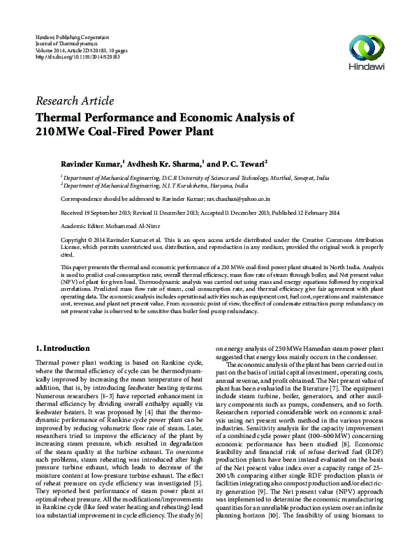 (PDF) Thermal Performance and Economic Analysis of 210 MWe Coal-Fired ...