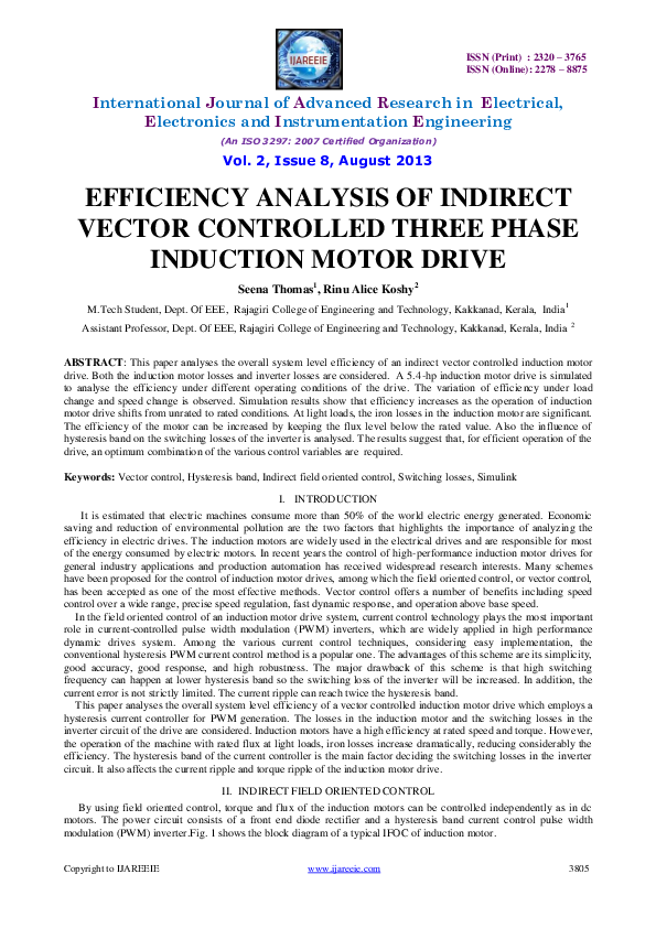 (PDF) Efficiency Analysis of Indirectvector Controlled Three