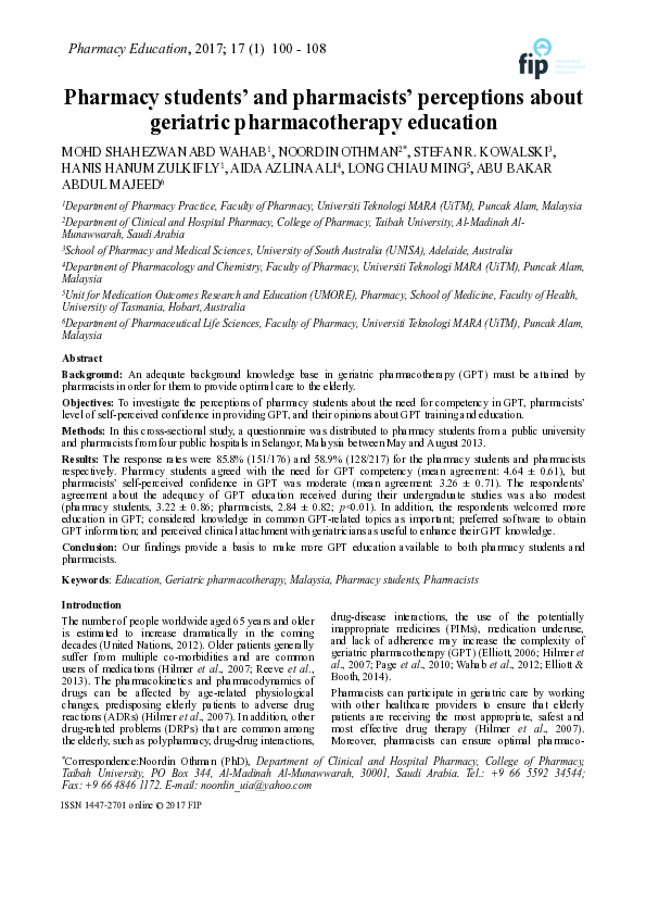 (PDF) Pharmacy students’ and pharmacists’ perceptions about geriatric ...