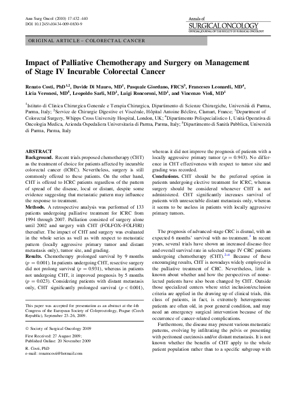 (PDF) Impact of Palliative Chemotherapy and Surgery on Management of ...