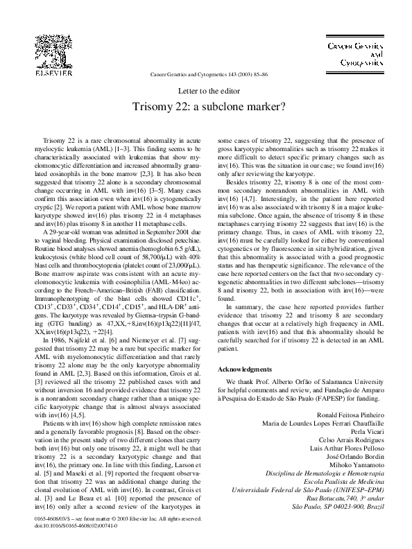 (PDF) Trisomy 22 a subclone marker? Perla Vicari Academia.edu
