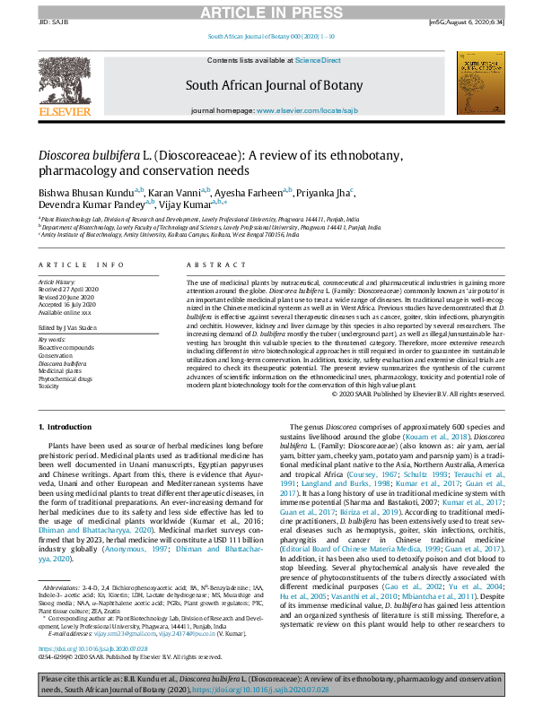 (PDF) Dioscorea bulbifera L. (Dioscoreaceae): A review of its ...