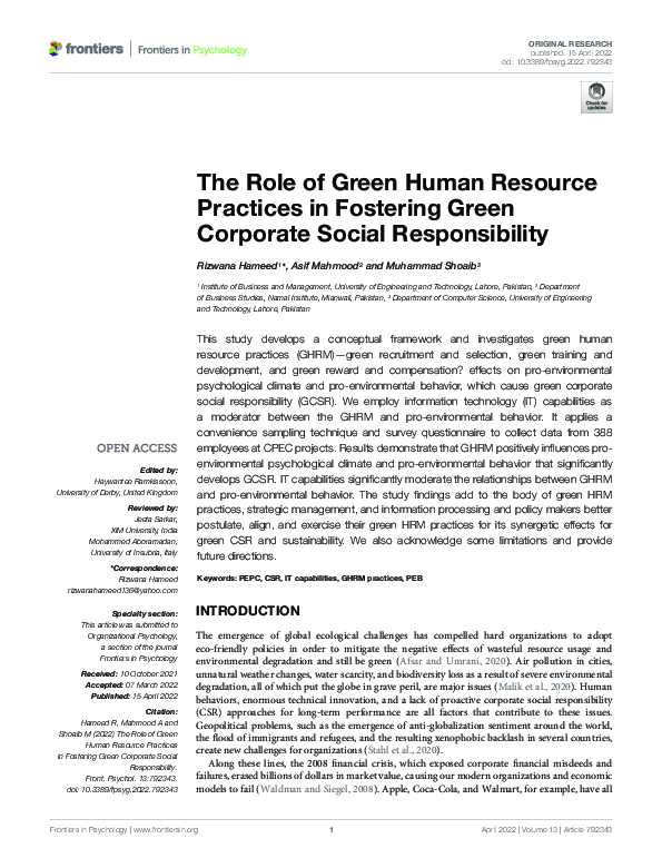 (PDF) The Role of Green Human Resource Practices in Fostering Green ...