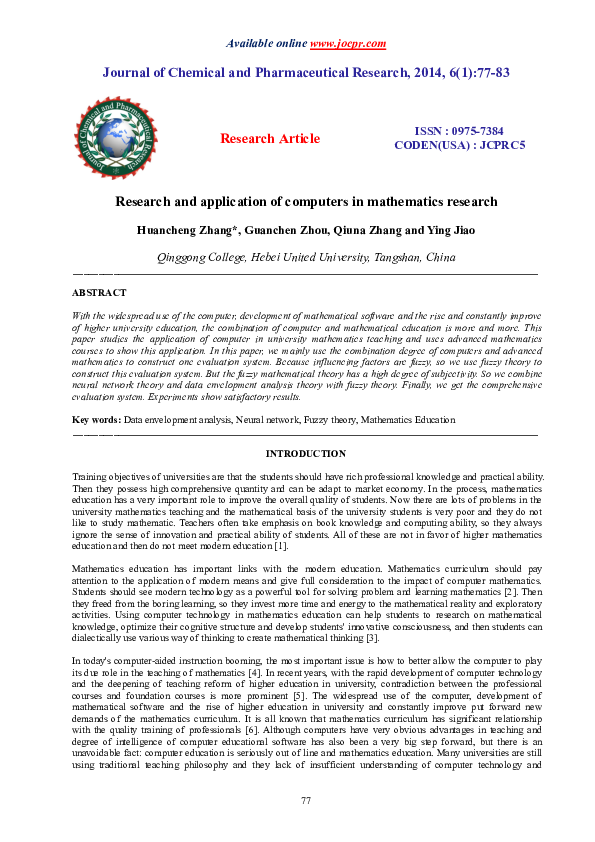 (PDF) Research and application of computers in mathematics research
