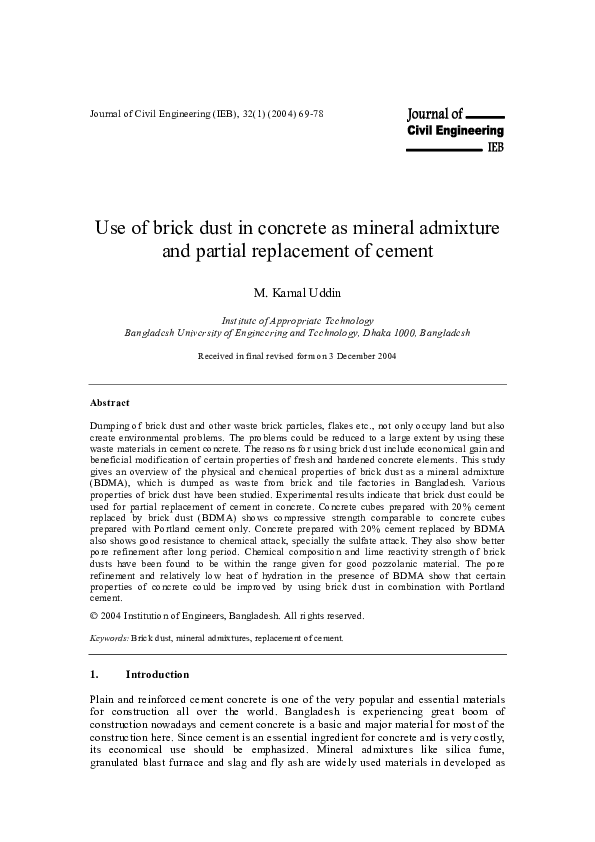 (PDF) Use of brick dust in concrete as mineral admixture and partial