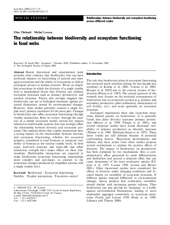 (PDF) The relationship between biodiversity and ecosystem functioning ...